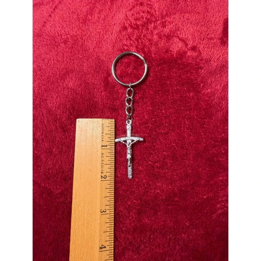 Silver Tone Crucifix Keychain Religious Christian Jesus Cross INRI Key Ring